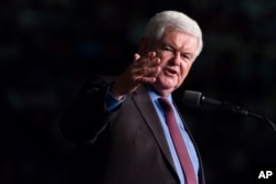 FILE - Former Speaker of the House Newt Gingrich introduces Donald Trump during a campaign rally in Ft. Myers, Florida, Sept. 19, 2016.