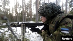 Солдат строкової служби естонської армії під час тактичних навчань на військовому полігоні біля міста Тапа, Естонія, 16 лютого 2017 року. Архівне фото REUTERS/Ints Kalnins 
