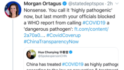 美国国务院发言人奥特加斯与中国外交部发言人华春莹就新冠疫情在推特上针锋相对(推特截图)