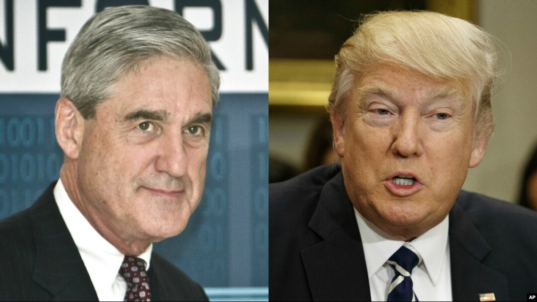 FILE - Former FBI Director Robert Mueller, named special prosecutor to the investigation of Russia's involvement in the 2016 U.S. presidential election, and President Donald Trump.
