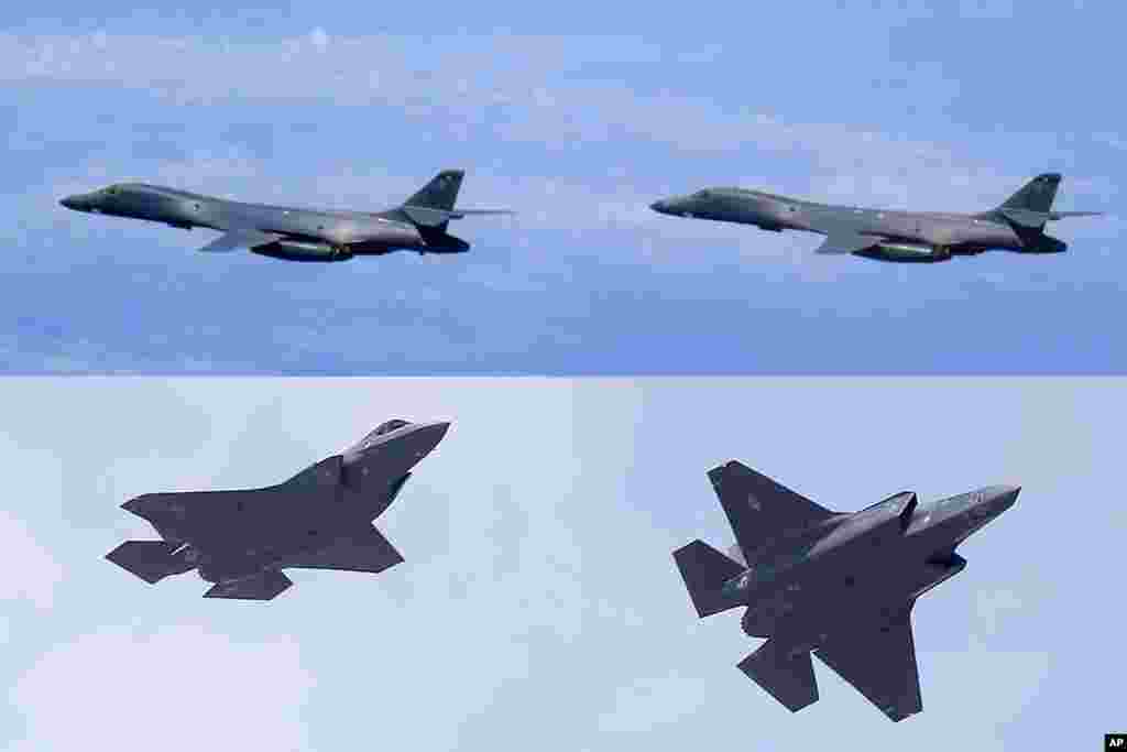 在这张组合图片里,上面两架飞机为美国B-1B“枪骑兵”轰炸机,下面两架为美国F-35战斗机(资料图)。8月31日美韩共十架军机在韩国东部的射击场进行实弹演习,旨在提高对朝鲜“核心设施”的命中率。