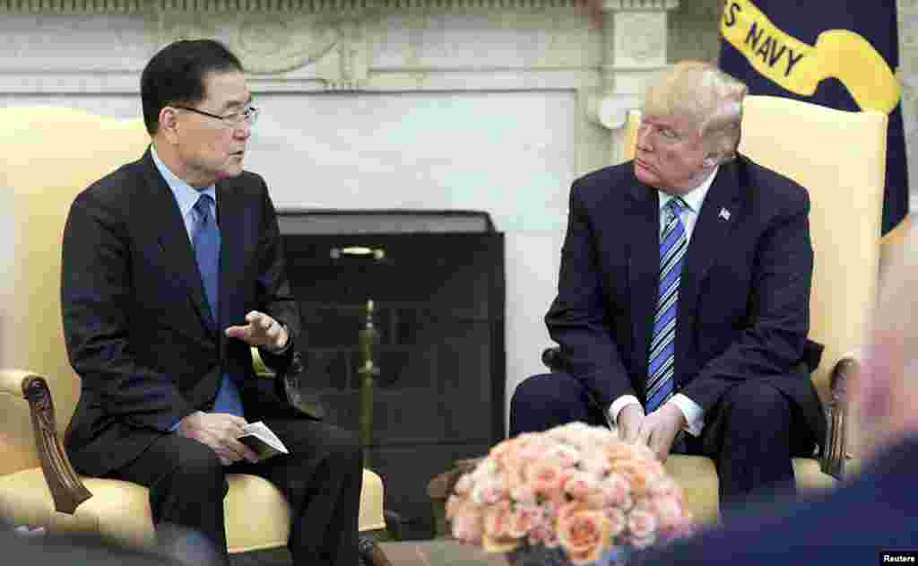 2018年3月8日,韩国国家安保室长郑义溶在白宫总统办公室向美国总统川普介绍了他访问朝鲜的情况。郑义溶和韩国情报院院长徐薰率领的这个韩国总统特使团向川普转达了朝鲜领导人金正恩希望见面的重要口信。