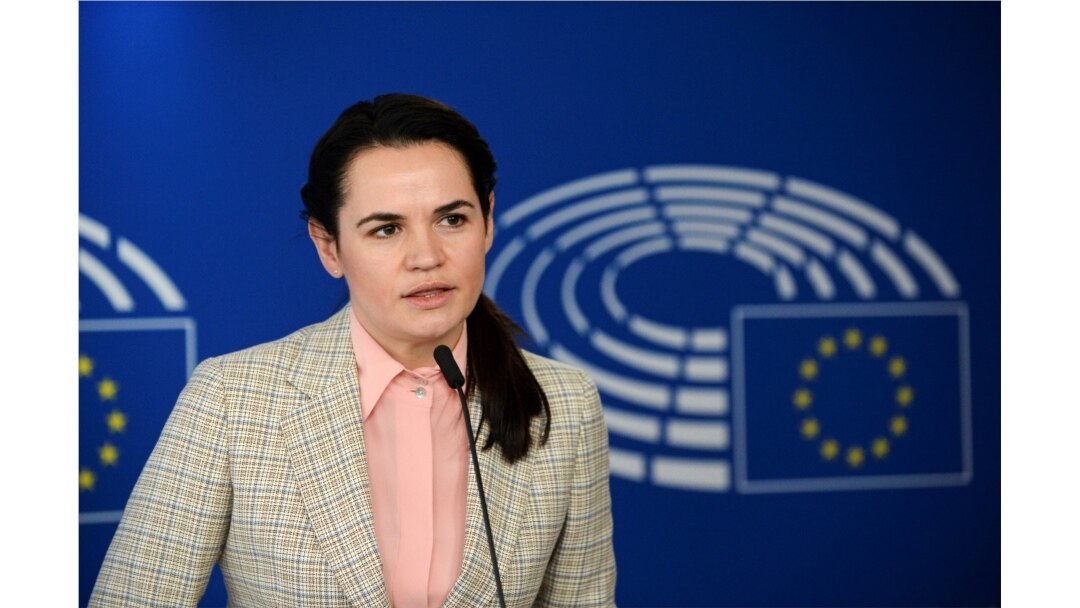 FILE - Belarusian opposition leader Sviatlana Tsikhanouskaya speaks during a news conference in Brussels, Belgium, Sept. 21, 2020.