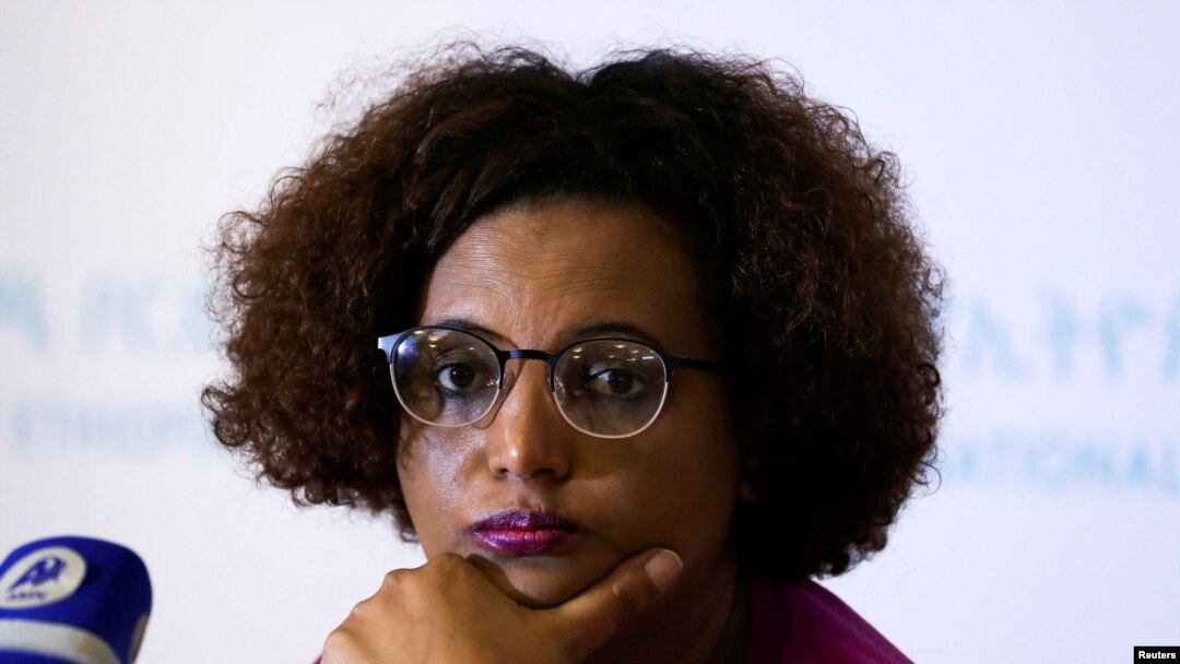 FILE - National Electoral Board of Ethiopia Chairperson Birtukan Mideksa addresses a news conference on the upcoming election, in Addis Ababa, Ethiopia, May 8, 2021. 