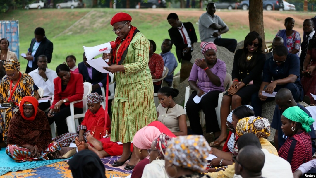 Obiageli Ezekwesili, former World Bank vice president and former Minister of Education, addresses a sit-in protest calling for the release of the abducted secondary school girls in the remote village of Chibok, at the Unity Fountain Abuja May 12, 2014. Th