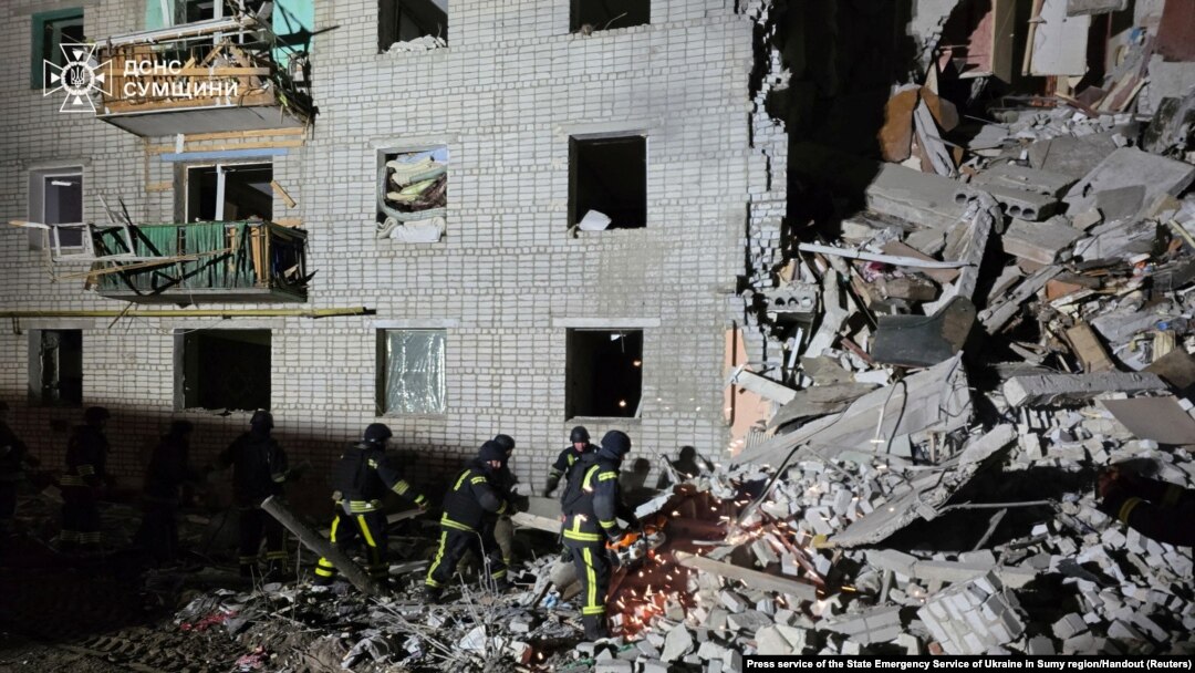 Rescuers work at the site of a residential building hit by a Russian air strike in the village of Svesa in Sumy region, Ukraine, Jan. 4, 2025. (Press service of the State Emergency Service of Ukraine in Sumy region/Handout via Reuters)