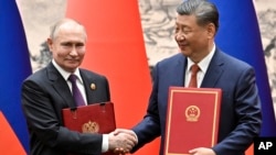 俄羅斯總統普京週四（5月16日）在北京與中國國家主席習近平會晤並出席聯合聲明簽署儀式。 （媒體聯訪照片）
