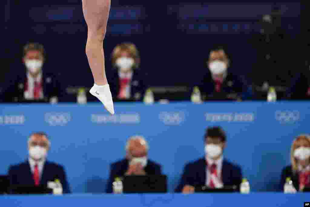 Samantha Smith of Canada competes in the the women's trampoline gymnastics qualifier at the 2020 Summer Olympics, in Tokyo.