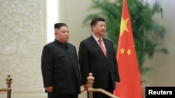 中國國家主席習近平在北京與北韓領導人金正恩見面。 （2019年1月10日北韓朝中社發布）