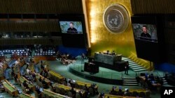 Tổng thống Ukraine Volodymyr Zelenskyy phát biểu tại kỳ họp thứ 79 của Đại hội đồng Liên Hợp Quốc hôm 25/9/2024, tại trụ sở LHQ ở New York, Mỹ.