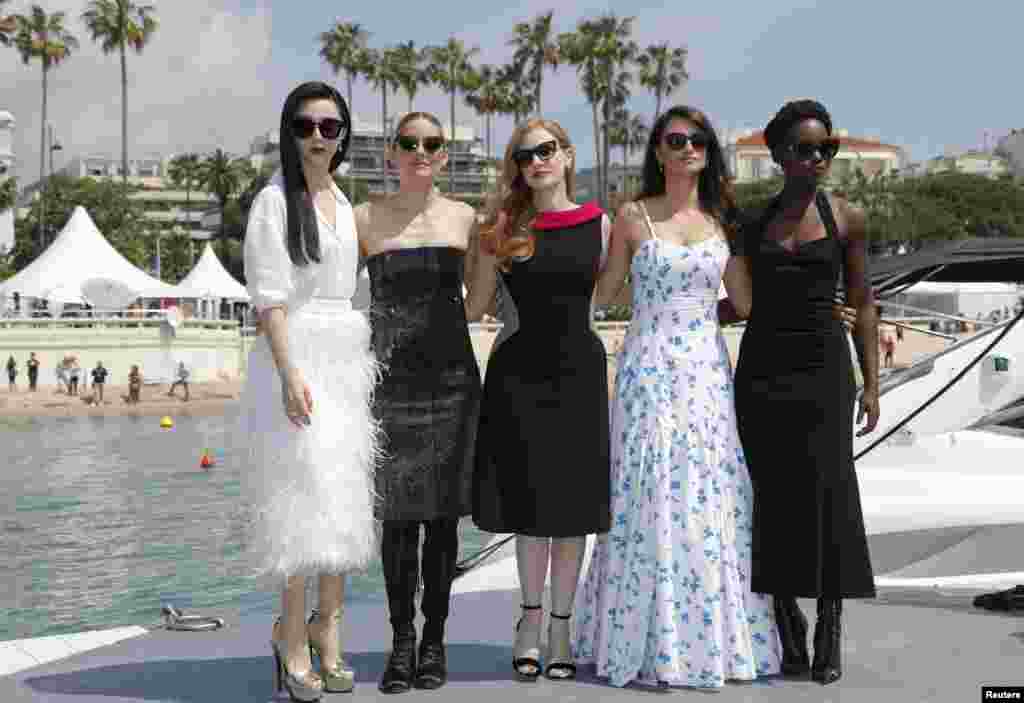 From left: Actresses Fan Bingbing, Marion Cotillard, Jessica Chastain, Penelope Cruz and Lupita Nyong'o pose for photographers at the photo call for the film '355' at the 71st international film festival, Cannes, southern France.