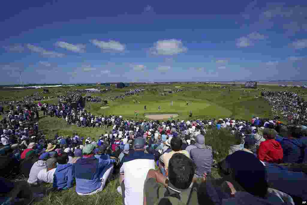 United States' Patrick Reed putts on the 6th green during the second round of the British Open Golf Championship at Royal St George's golf course Sandwich, England.