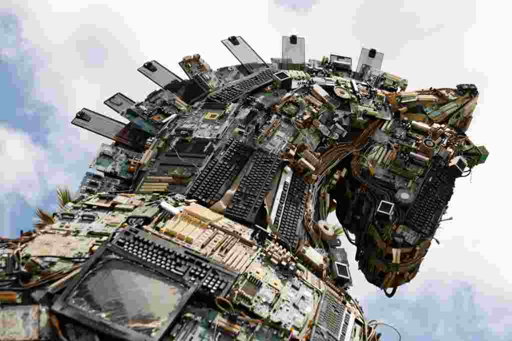 The head of a "Cyber Horse", made from discarded electronic bits, is seen on display near the entrance to the Cyber Week conference at Tel Aviv University, Israel.