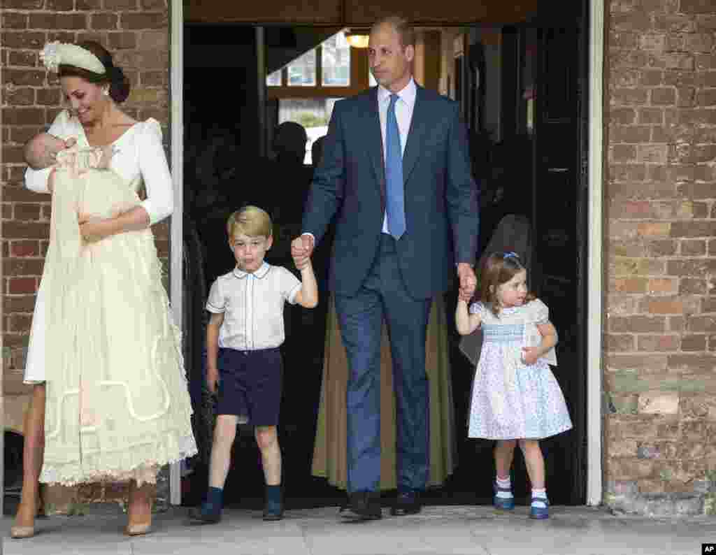 Britain's Prince William and Kate, Duchess of Cambridge with their children Prince George, Princess Charlotte, Prince Louis as they arrive for Prince Louis' christening service at the Chapel Royal, St James's Palace, London.